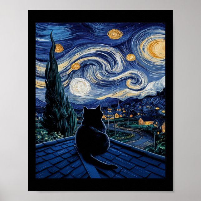 Poster Chat Starry Nuit Van Gogh Chat Art Lover Drôle Cha (Devant)