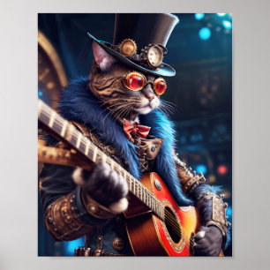 Poster Chat Steampunk avec chapeau et lunettes, guitarist