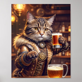 Poster Chat steampunk buvant de la bière dans un pub -