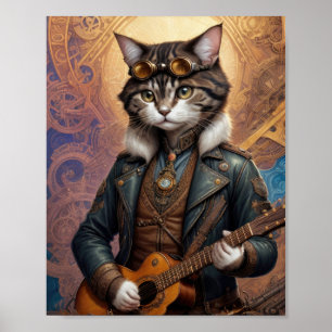 Poster Chat steampunk en veste de cuir, jouant de la guit