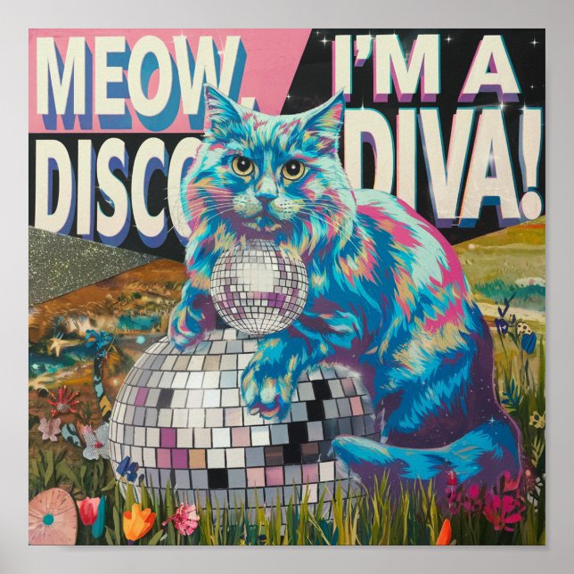 Poster chat sur disco ball disco diva (Devant)