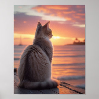 Poster Chat sur une jetée avec coucher de soleil et fond 