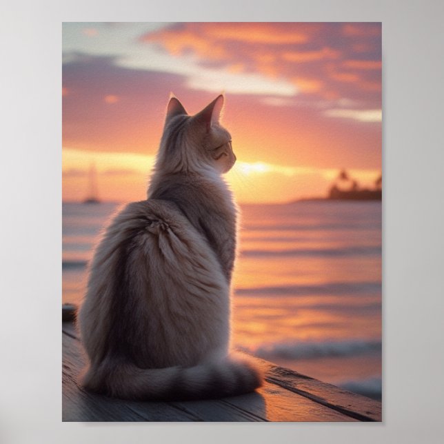 Poster Chat sur une jetée avec coucher de soleil et fond  (Devant)