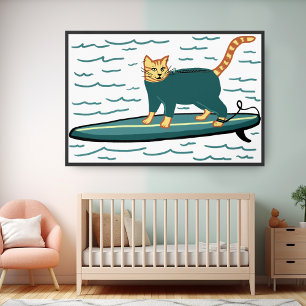 Poster Chat Tabby Fun Surfant Cool Nurserie Enfants Plage