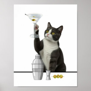 Poster Chat tenant un Martini se relaxant