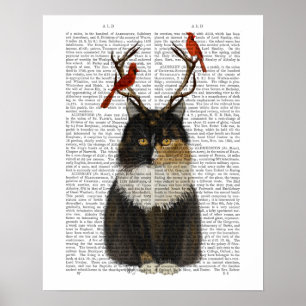 Poster Chat Tortoiseshell avec Antlers et Red Birds