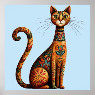 Poster Chat tribal boho mignon art folklorique avec des f