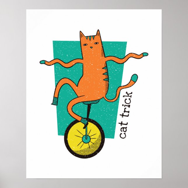 Poster Chat Trick Funny Tabby Chat Riding a Unicycle (Devant)