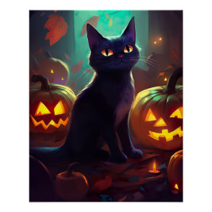 Poster Chat Tuxedo d'Halloween avec citrouilles effrayant