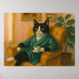 Poster Chat Tuxedo Drôle en Robe de Chambre Buvant du Caf