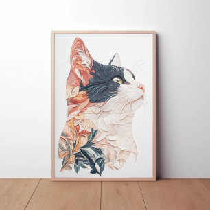 Poster Chat Tuxedo élégant avec Motif Feuille - Papier Ar