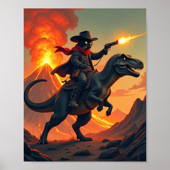 Poster Chat Unique Cowboy Cavalant un Dinosaure | Chat Co (Devant)