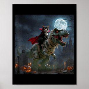 Poster Chat Vampire Drôle qui Monte un T-Rex Halloween Mi