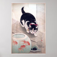 Chat vintage et Bowl de poisson d'or Art japonais