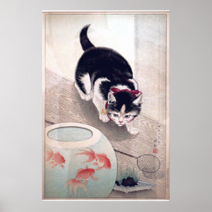 Poster Chat vintage et Bowl de poisson d'or Art japonais
