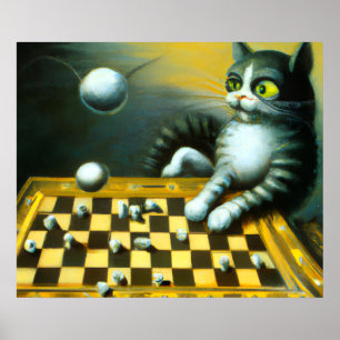 POSTER CHAT VINTAGE JOUANT AUX ÉCHECS DÉCOR WHIMSIQUE