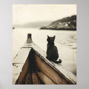 Poster Chat Vintage sur Bateau Ton Sépia