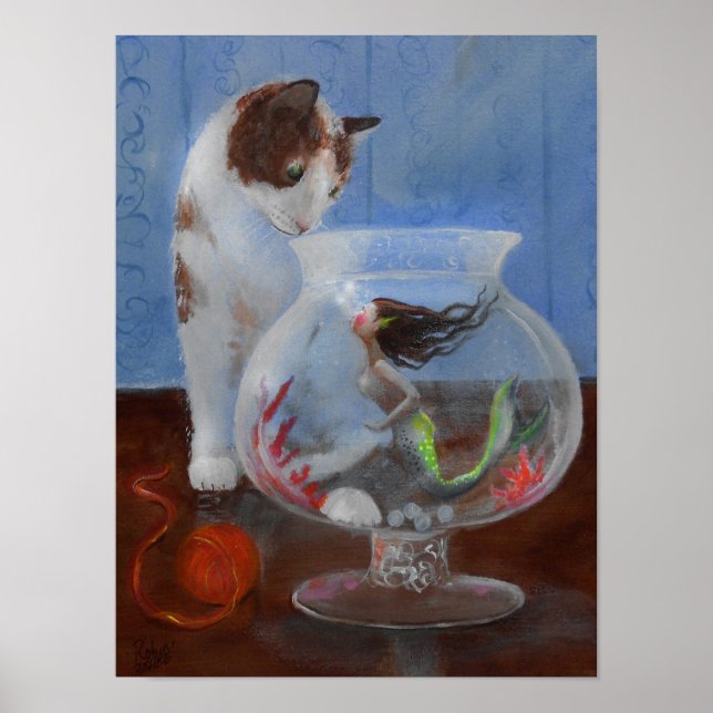 Poster Chat voit une sirène dans un bol de poisson ! (Devant)