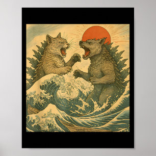 Poster Chat Vs Kaiju Monster Chien De Style Ukiyo-e Japon