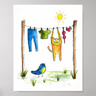 Poster Chat Whimsical sur une ligne de linge