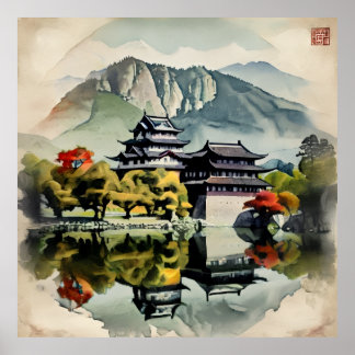 Poster Château aquarelle traditionnel