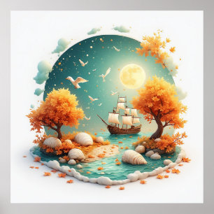 Poster Château de conte de fées entouré d'arbres saisonni