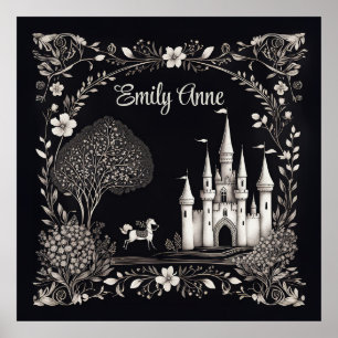 Poster Château de Conte de Foire Noir et Blanc avec Cheva