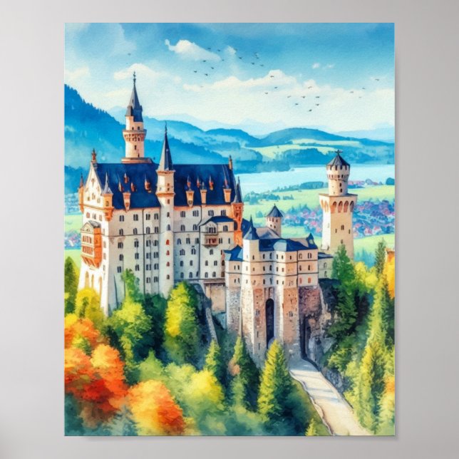 Poster Château de Neuschwanstein Allemagne Aquarelle (Devant)