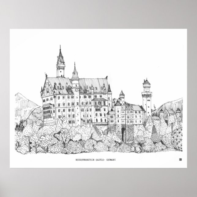 Poster Château de Neuschwanstein Allemagne Art de ligne (Devant)