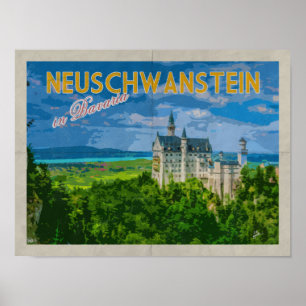 Poster Château de Neuschwanstein Vintage voyage en détres