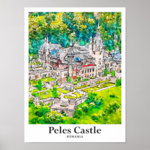 Poster Château de Peles Roumanie Voyage Aquarelle main ti