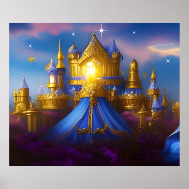 Poster Château d'or bleu imaginaire magique (Devant)