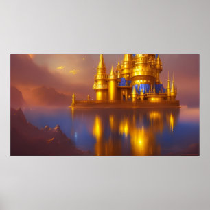 Poster Château Doré or bleu fantaisie magique 3