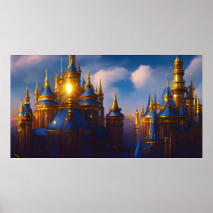 Poster Château Doré or bleu fantasy magique 4