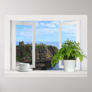 Poster Château en Écosse -- Vue de la côte par une fenêtr