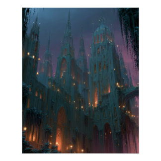 Poster Château gothique sous l'art de nuit de fantaisie a
