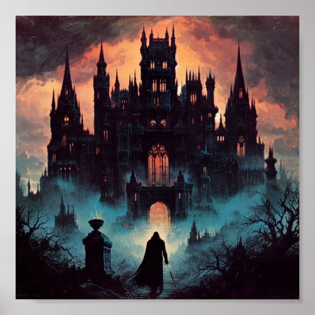 Poster château hanté avec imprimé art chevalier foncé (Devant)