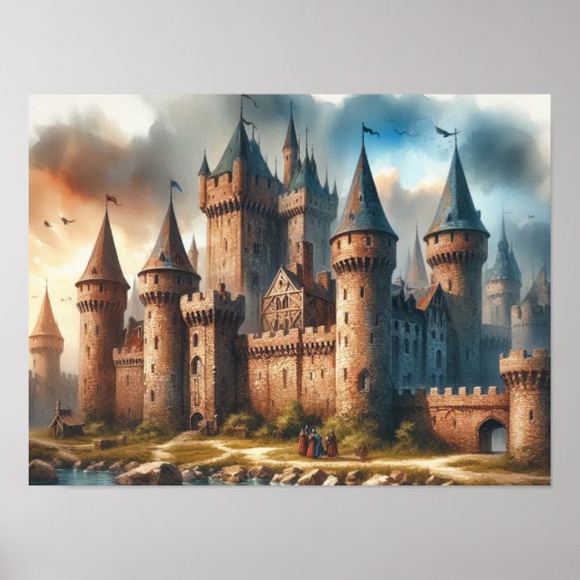 Poster Château médiéval au bord d'une rivière tranquille  (Devant)