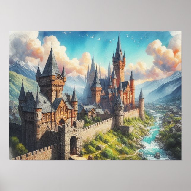 Poster Château médiéval dans un paysage montagnard (Devant)