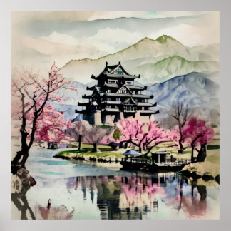 Poster Château Serein au Bord d'un Lac (Printemps)