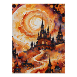 Poster Château Spiral éffrayant - Halloween Orange