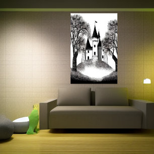 Poster Château sur la colline croquis noir et blanc Art
