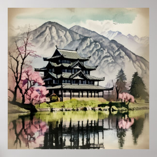 Poster Château Traditionnel au Bord d'un Lac