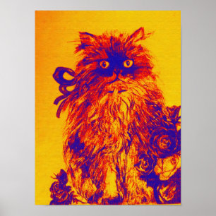 Poster CHATON AUX ROSES ,Jaune Orange Bleu