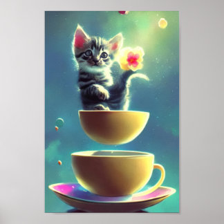 Poster Chaton Cosmique Dans Une Teacup #10 - Art, Imprimé