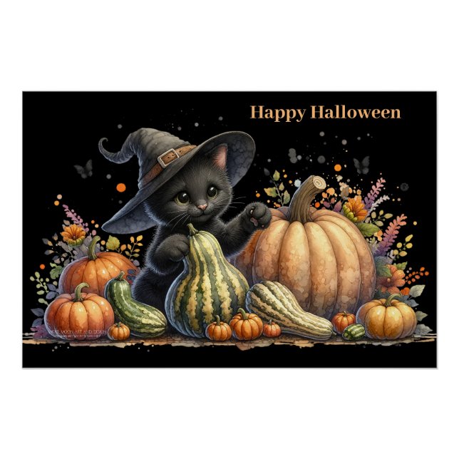 Poster Chaton de sorcière noire Halloween W/ Gourds Citro (Devant)