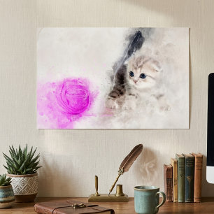 Poster Chaton jouant avec une boule de laine rose à l'aqu