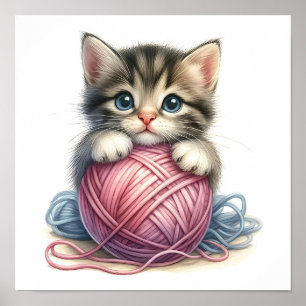 Poster Chaton mignon avec pelote de fil fantaisiste Chat 