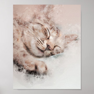 Poster chaton mignon dormant rêve aquarelle peinture