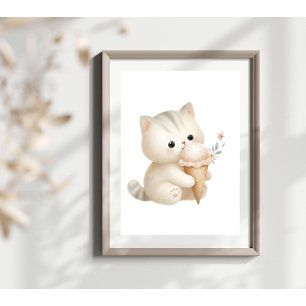 Poster Chaton Mignon Mangeant une Glace à l'Aquarelle Fan
